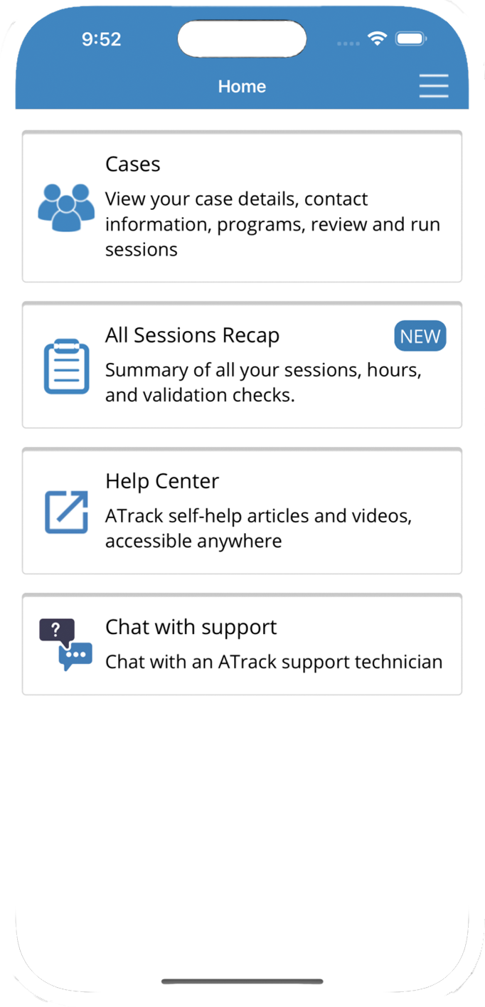ATrack Mobile home dashboard for ABA therapy providers