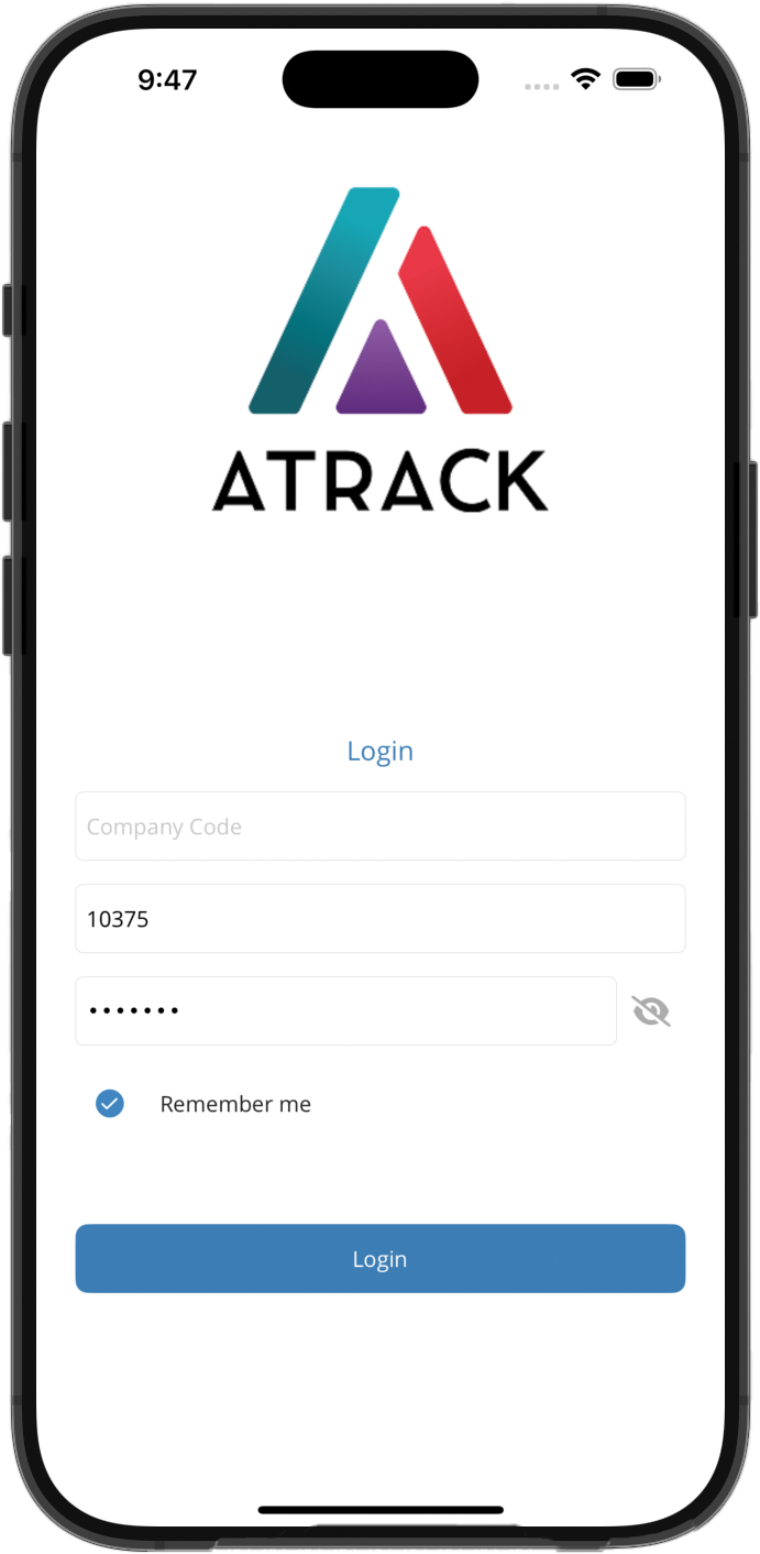 ATrack Mobile login screen for ABA therapy clinical data collection