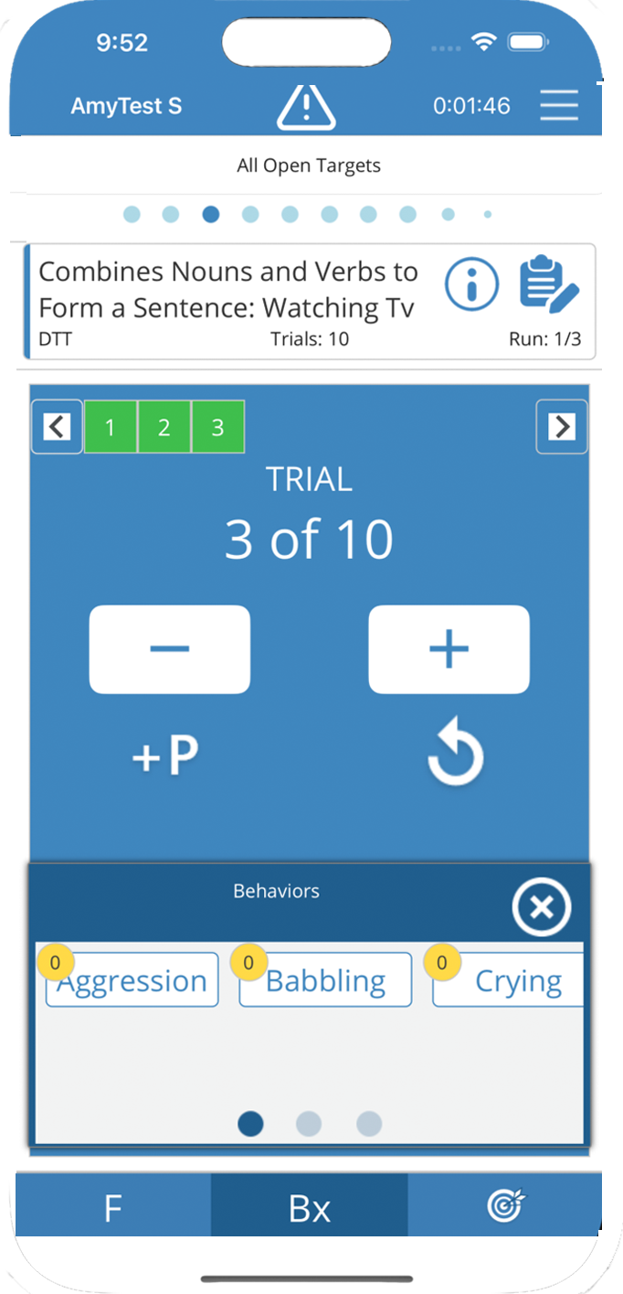 ATrack Mobile session data-collection trial screen