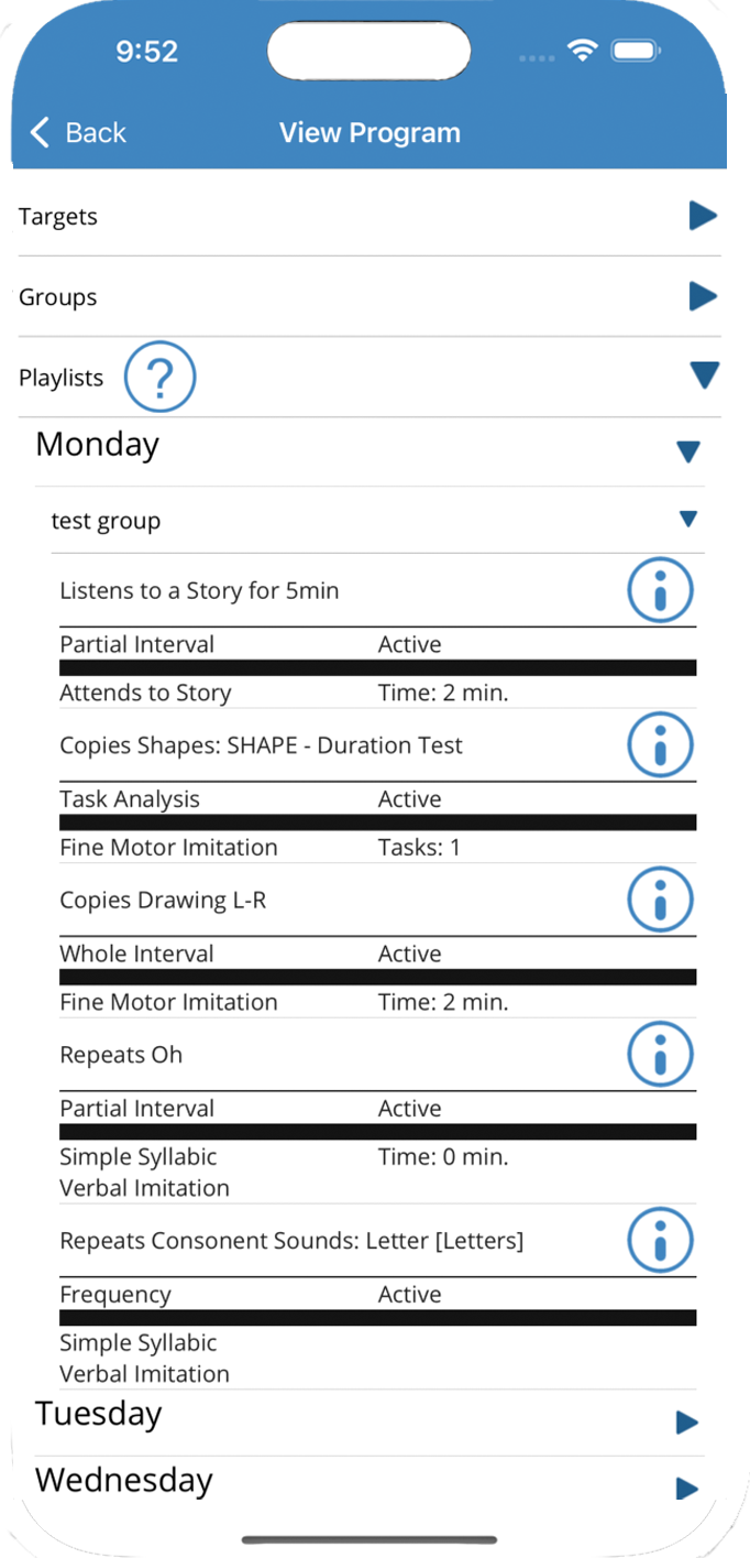 ATrack Mobile program view for behavior treatment plans