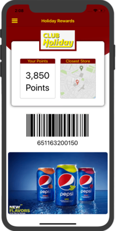 Club Holiday home screen with points and scannable barcode