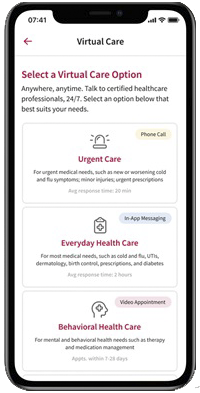 Gia virtual care tiers — urgent, everyday, behavioral