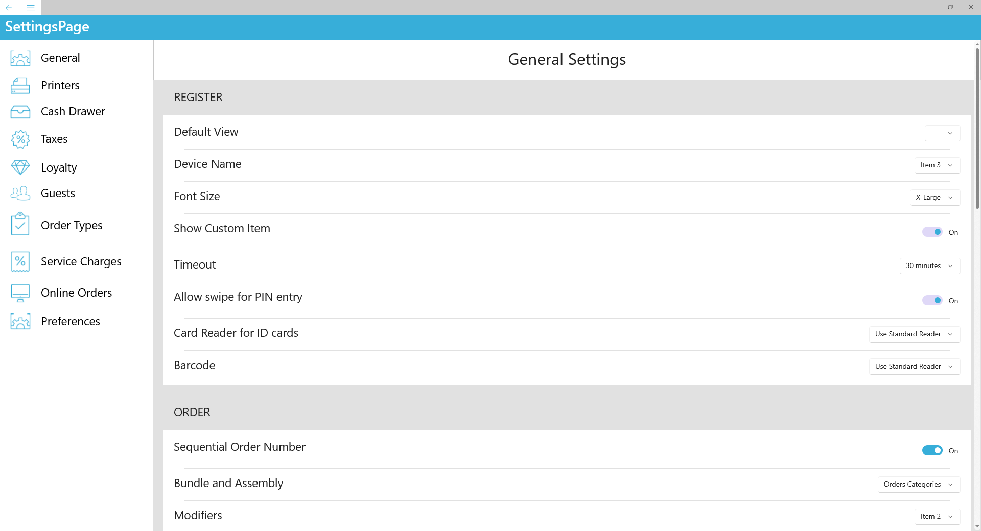 POS Prototype — register and order settings