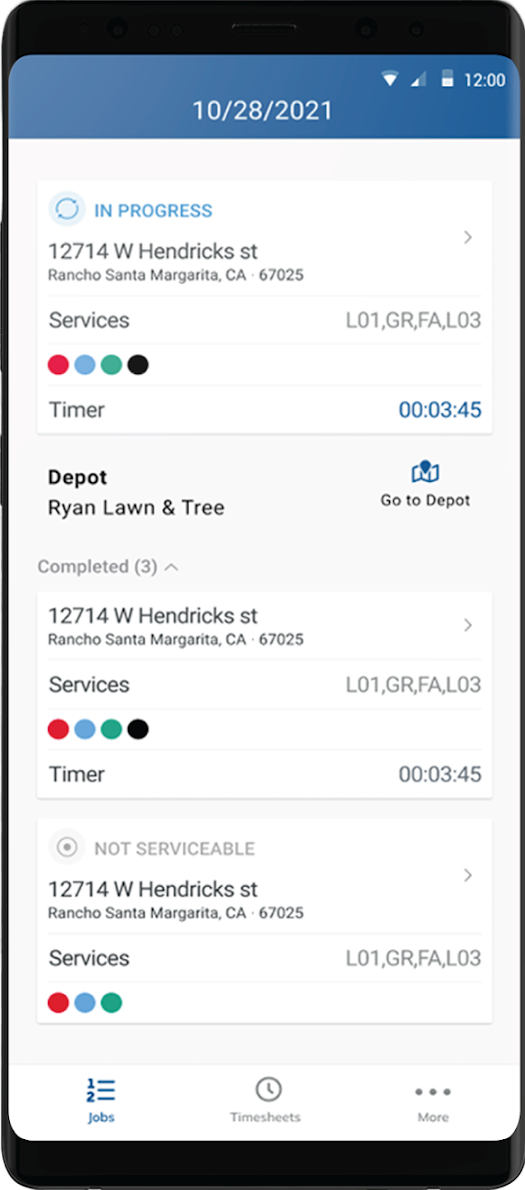 Real Green daily job list with in-progress timer