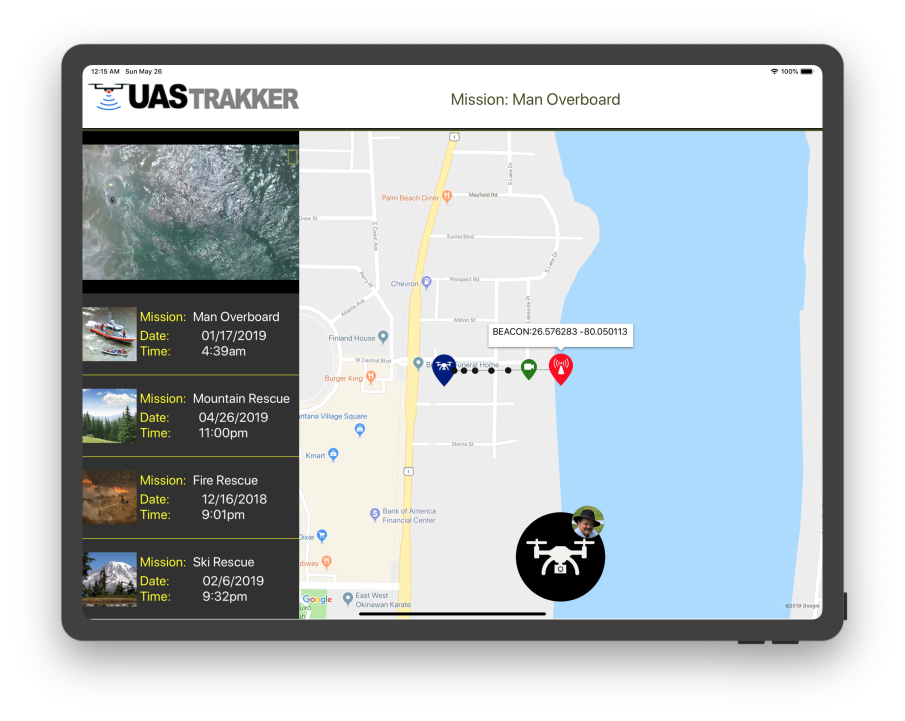 UAS Trakker — beacon coordinates with live drone feed