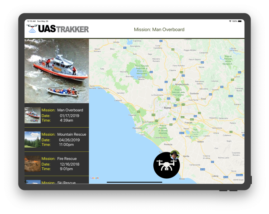 UAS Trakker — mission overview with mission list and map