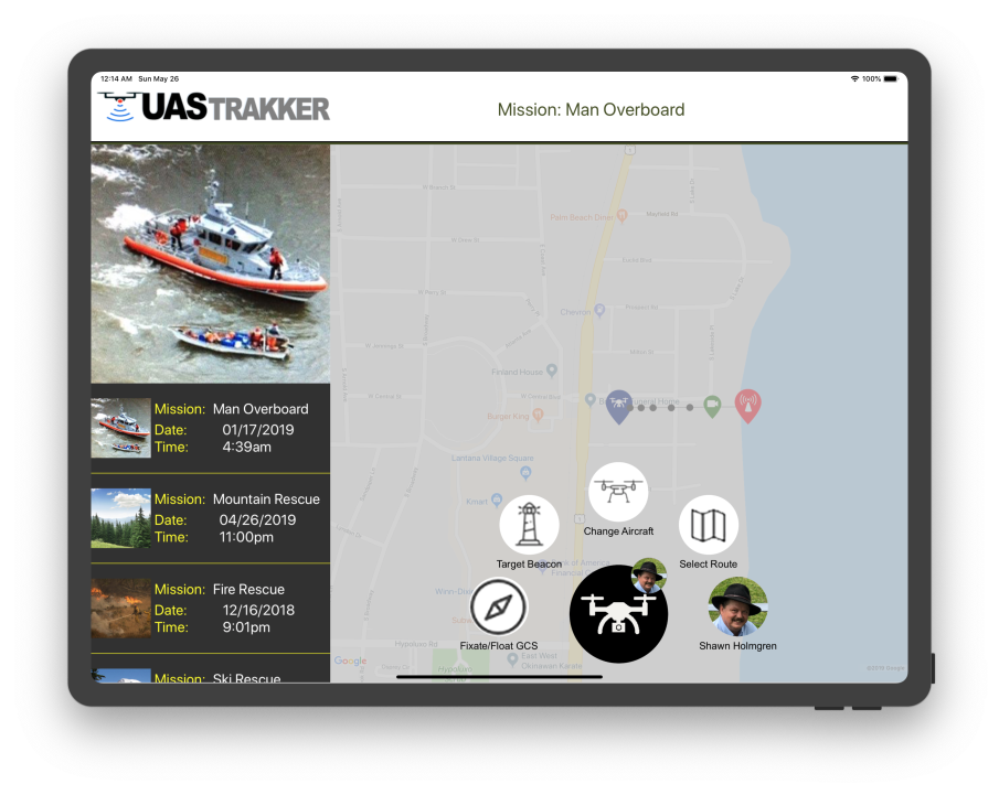 UAS Trakker — mission tools: target beacon, change aircraft, select route